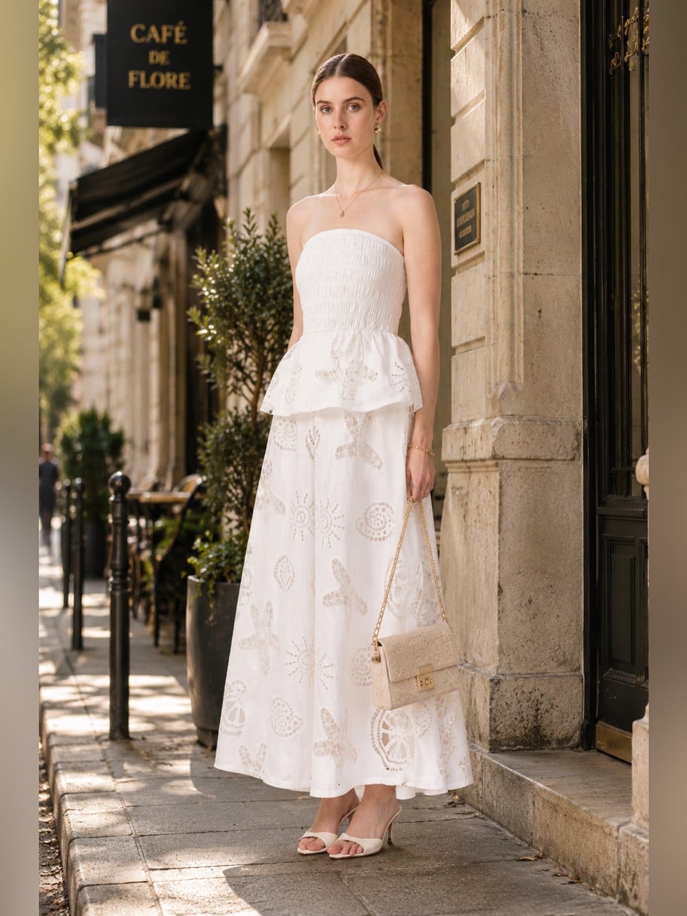 ELLIATT Celine Strapless Maxi Dress in White Eyelet Peplum Size S NWT
